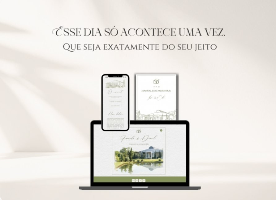 Identidade visual de casamento Bridal Creative em celular, notebook e manual dos padrinhos